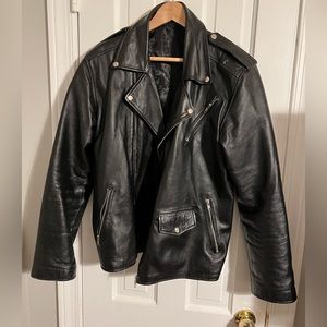 Black leather biker perfecto jacket, men’s size large